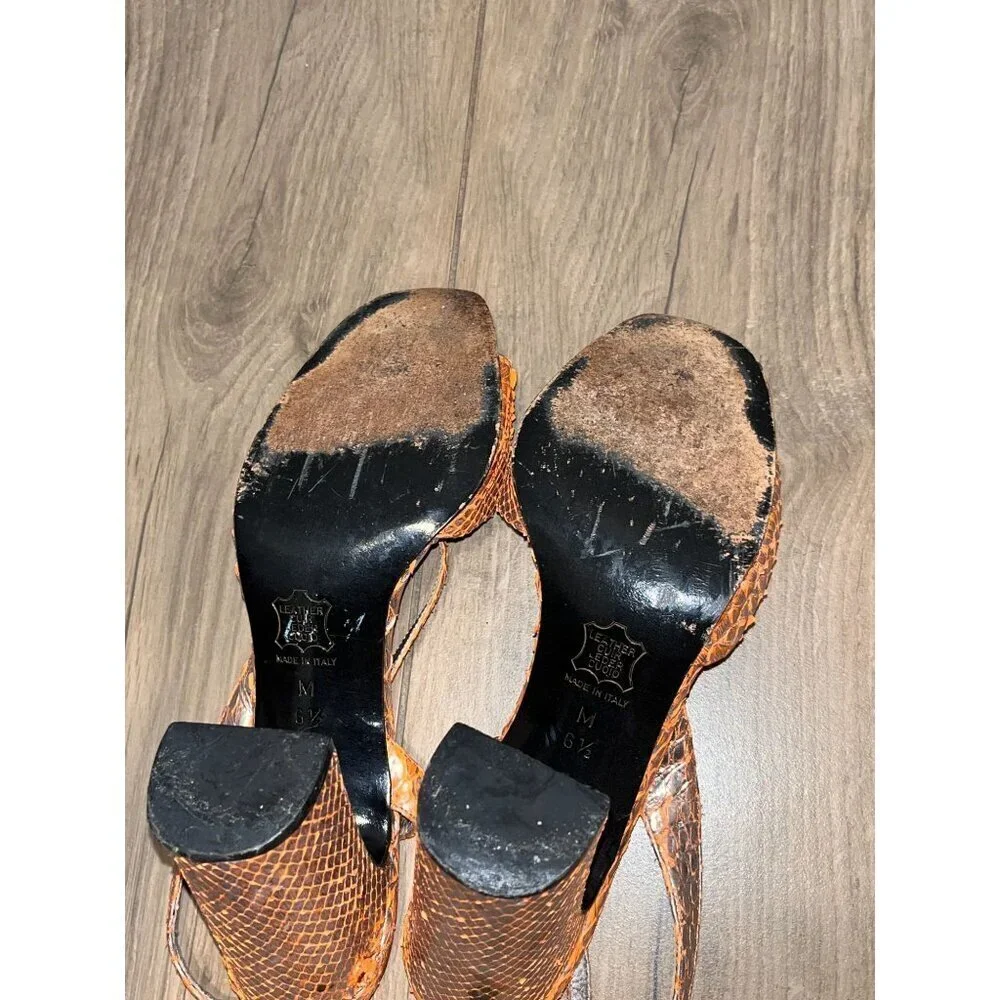 Richard Tyler Orange Snake Print Block Heel Sandals With Transparent Straps - Wo